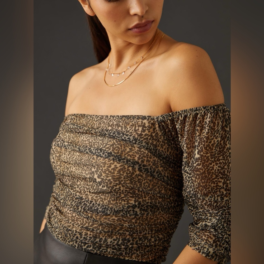 Anthropologie Shirred Mesh lined Animal Print Top Leopard